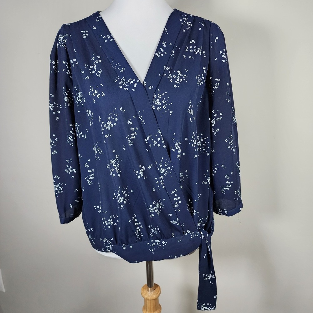 Reitmans Surplice Blouse‎ Womens Medium Navy Floral Faux Wrap Tie Waist Casual